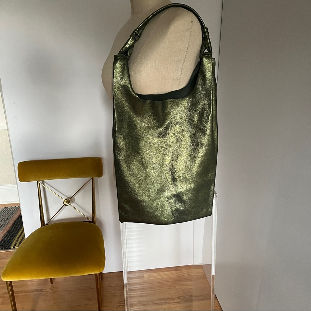 Anthropologie Slouchy metallic green, handbag butter soft,  15W x 11L, 25" total
